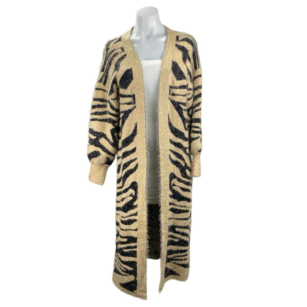 Women's Beige Black Tiger Print Eyelash Knit Longline Cardigan Sweater Top Sz S